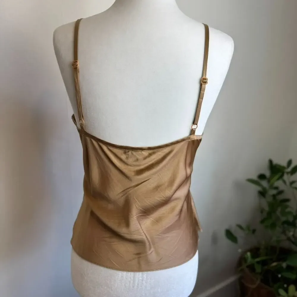 Y2K Silk Lace Trim M Anthropologie White + Warren Tan Beige Lace V Cami 00s - Picture 2 of 4